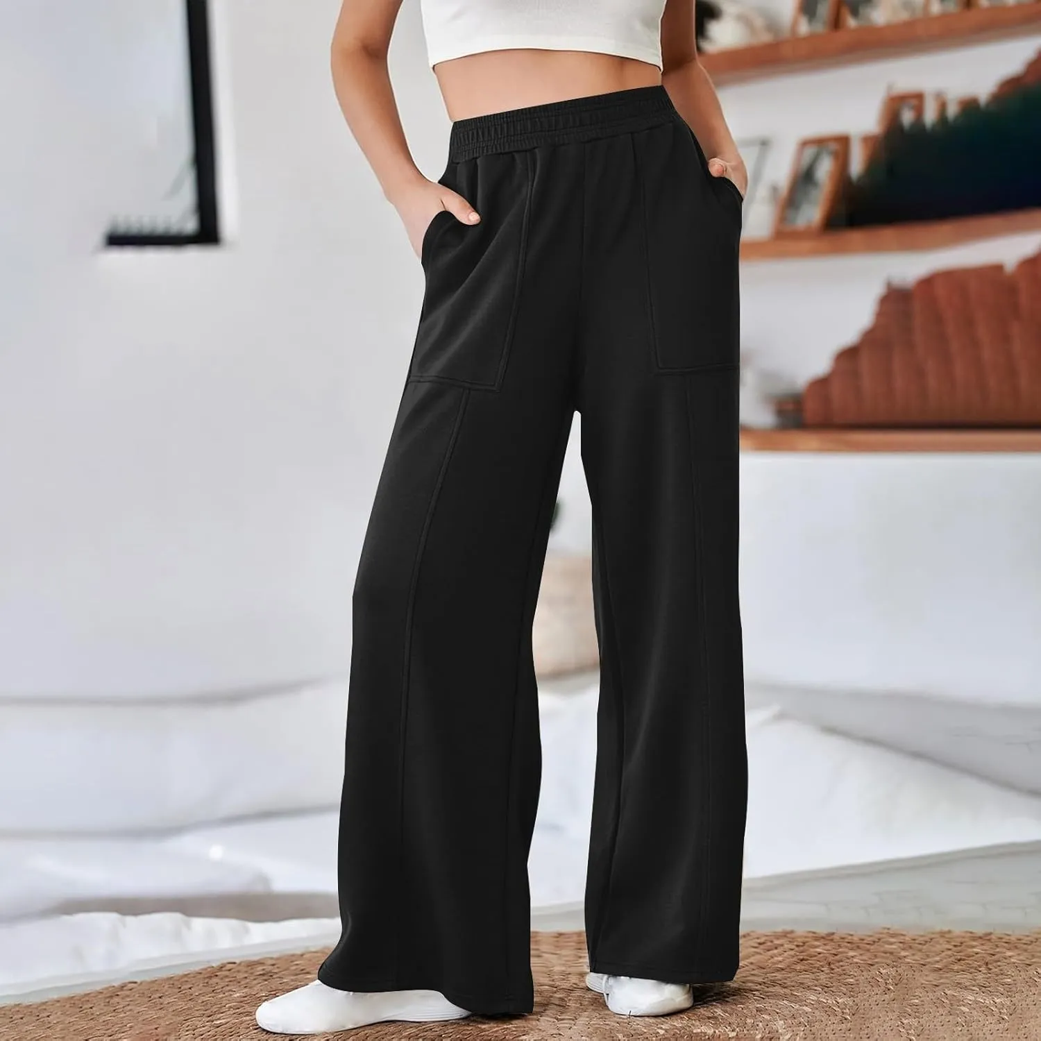 SMIDOW Womens High Waisted Wide Leg Palazzo Pants Trendy Fall Fashion Warm Fleece Sweatpants Workout Long Lounge Trousers