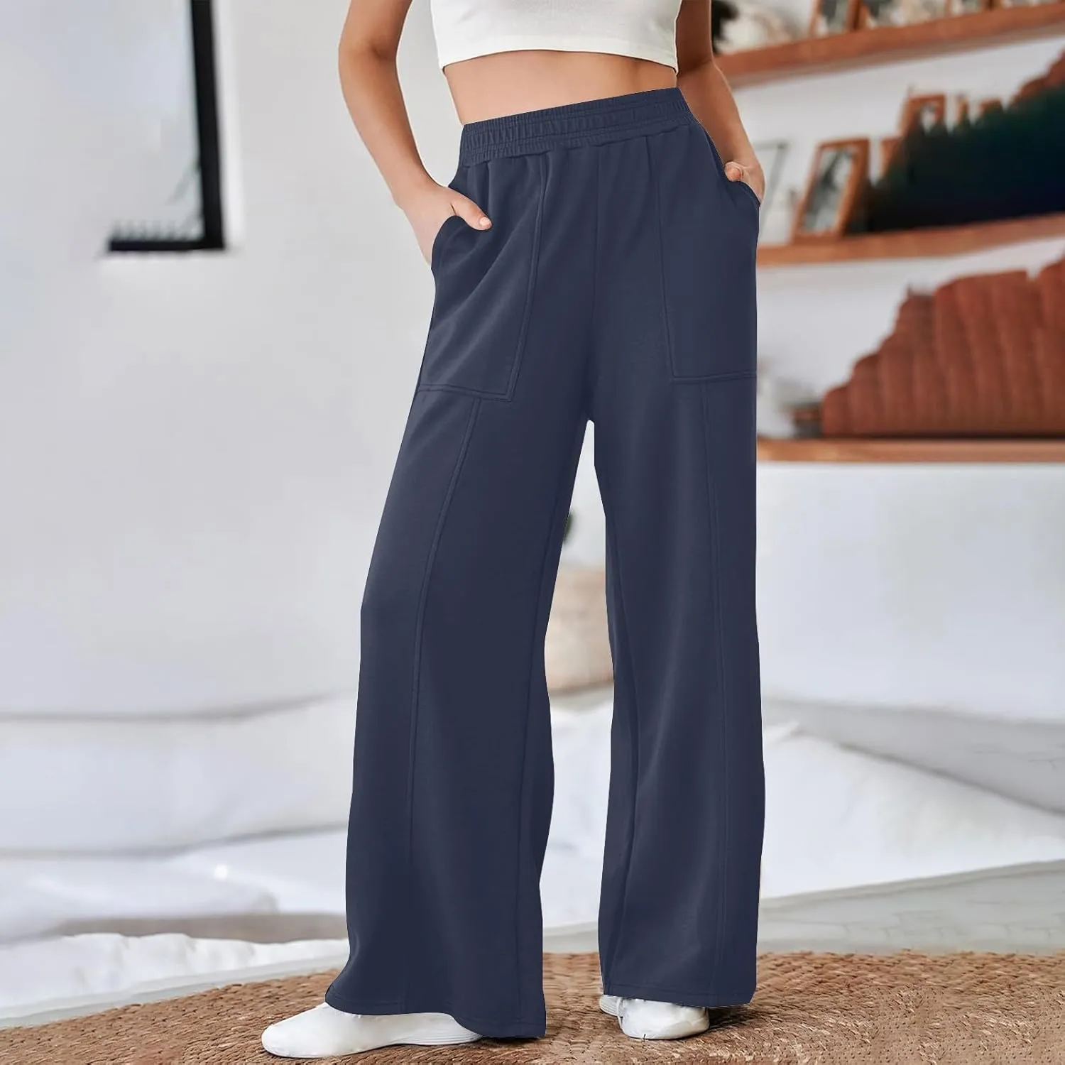 SMIDOW Womens High Waisted Wide Leg Palazzo Pants Trendy Fall Fashion Warm Fleece Sweatpants Workout Long Lounge Trousers