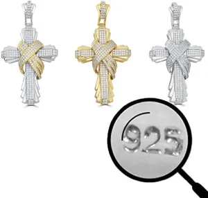 Solid 925 Sterling Silver Iced Cross Pendant - Men's - Large - Fits Up To 8mm Chains!