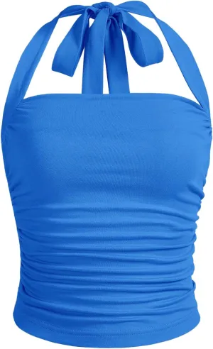 SOLY HUX Women's Ruched Halter Y2K Crop Tops Tie Back Sleeveless Slim Fit Cami Tops