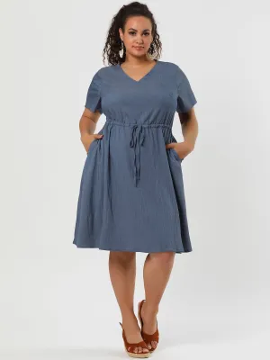 Spandex V Neck Elastic Waist Plus Size Denim Dress