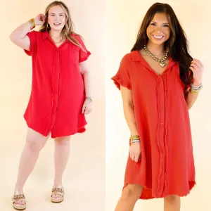 Spring Glow Button Up Raw Hem Dress in Red