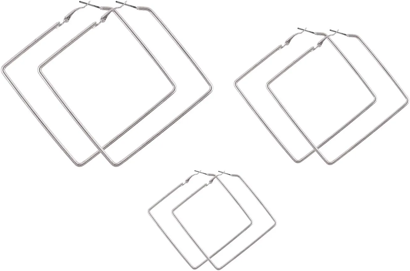 Square Hoop Earrings 3 Pairs Geometric Hoop Earrings Dangle Earring Set For Women (silver)
