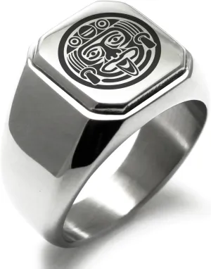 Stainless Steel Aztec Mask Rune Symbol Square Flat Top Biker Style Polished Ring