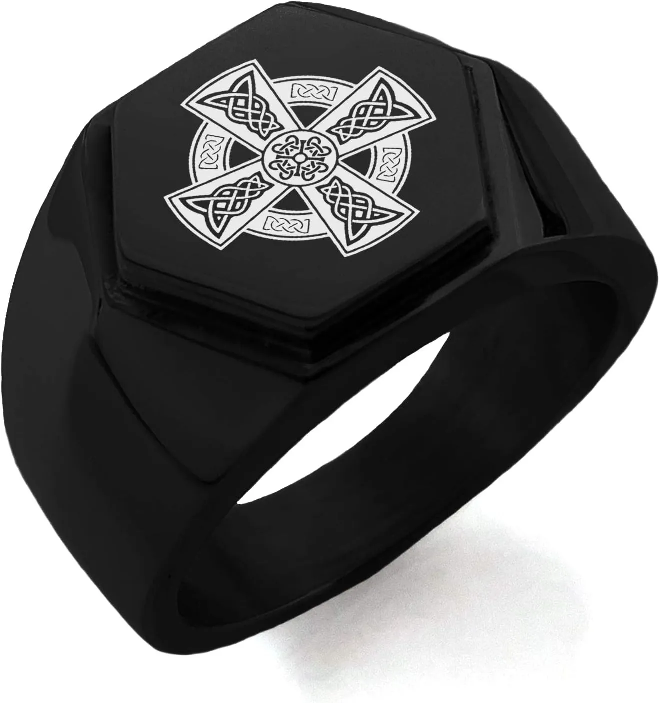 Stainless Steel Celtic Cross Rune Knot Hexagon Crest Flat Top Biker Style Polished Ring