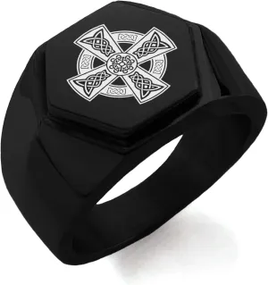 Stainless Steel Celtic Cross Rune Knot Hexagon Crest Flat Top Biker Style Polished Ring