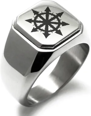 Stainless Steel Chaos Symbol Square Flat Top Biker Style Polished Ring