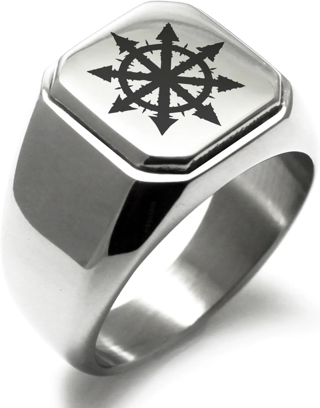 Stainless Steel Chaos Symbol Square Flat Top Biker Style Polished Ring