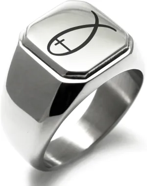 Stainless Steel Fish With Jesus Ichthus Cross Square Flat Top Biker Style Polished Ring