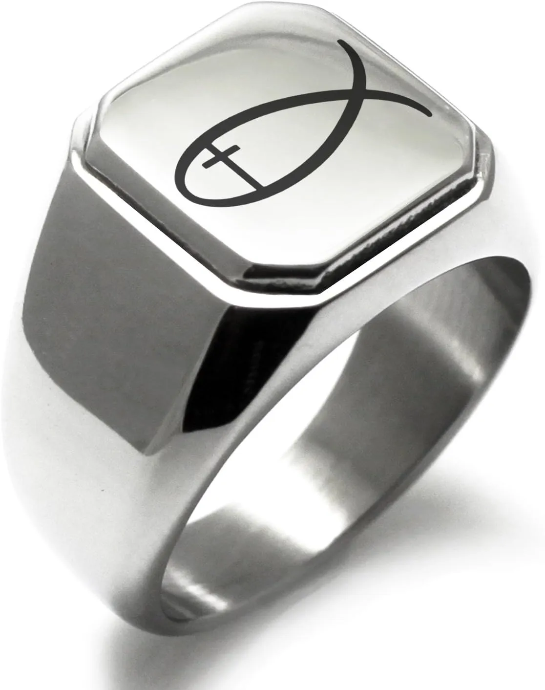 Stainless Steel Fish With Jesus Ichthus Cross Square Flat Top Biker Style Polished Ring