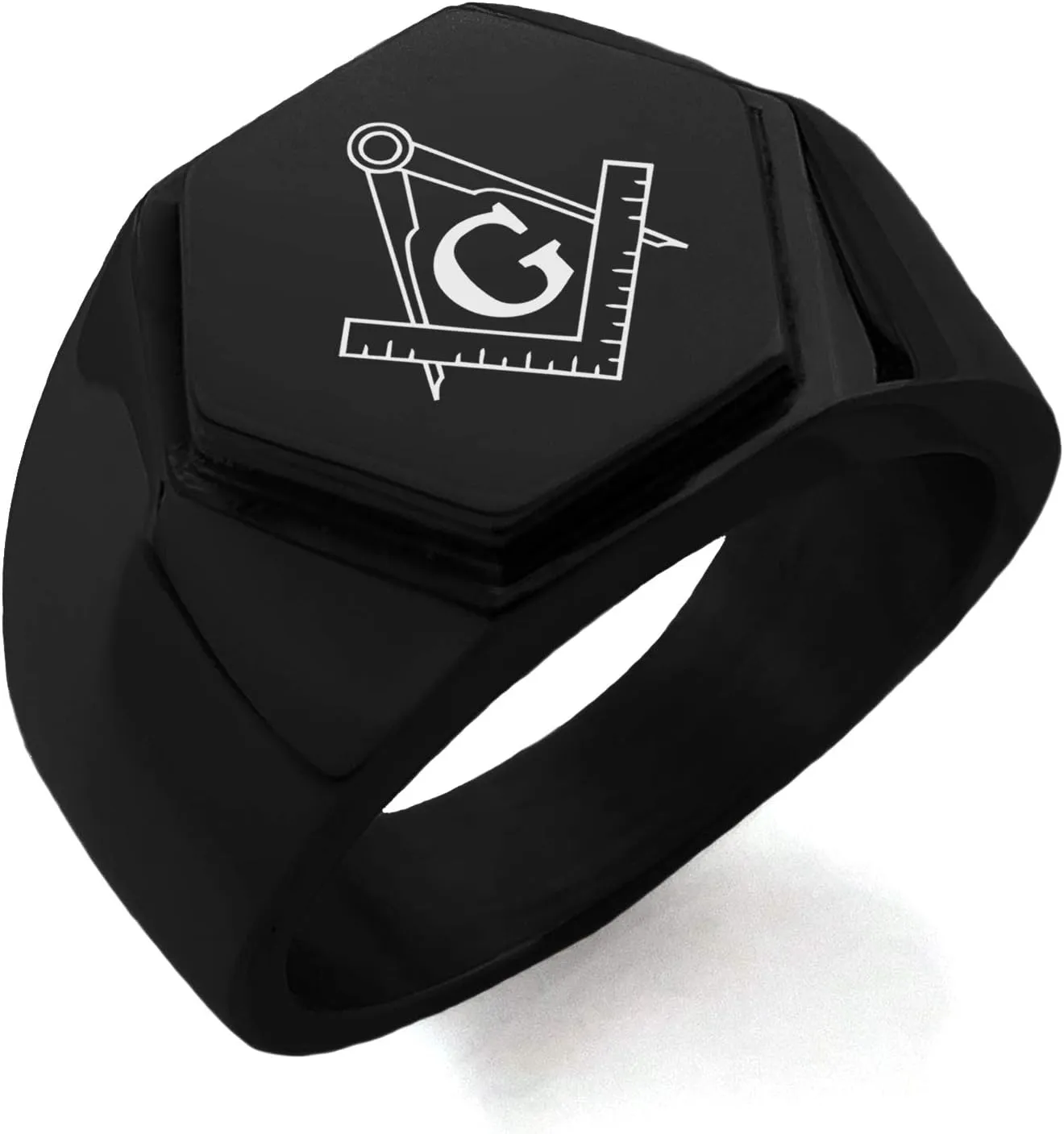 Stainless Steel Freemasons Masonic Compass Hexagon Crest Flat Top Biker Style Polished Ring