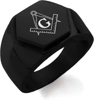 Stainless Steel Freemasons Masonic Compass Hexagon Crest Flat Top Biker Style Polished Ring