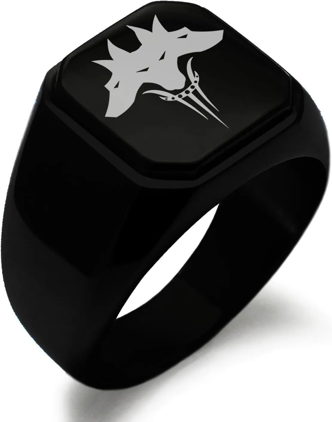 Stainless Steel Greek Mythology Cerberus Symbol Square Flat Top Biker Style Polished Ring