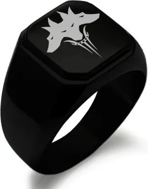 Stainless Steel Greek Mythology Cerberus Symbol Square Flat Top Biker Style Polished Ring