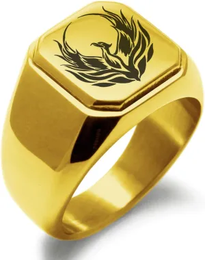 Stainless Steel Greek Mythology Phoenix Symbol Square Flat Top Biker Style Polished Ring