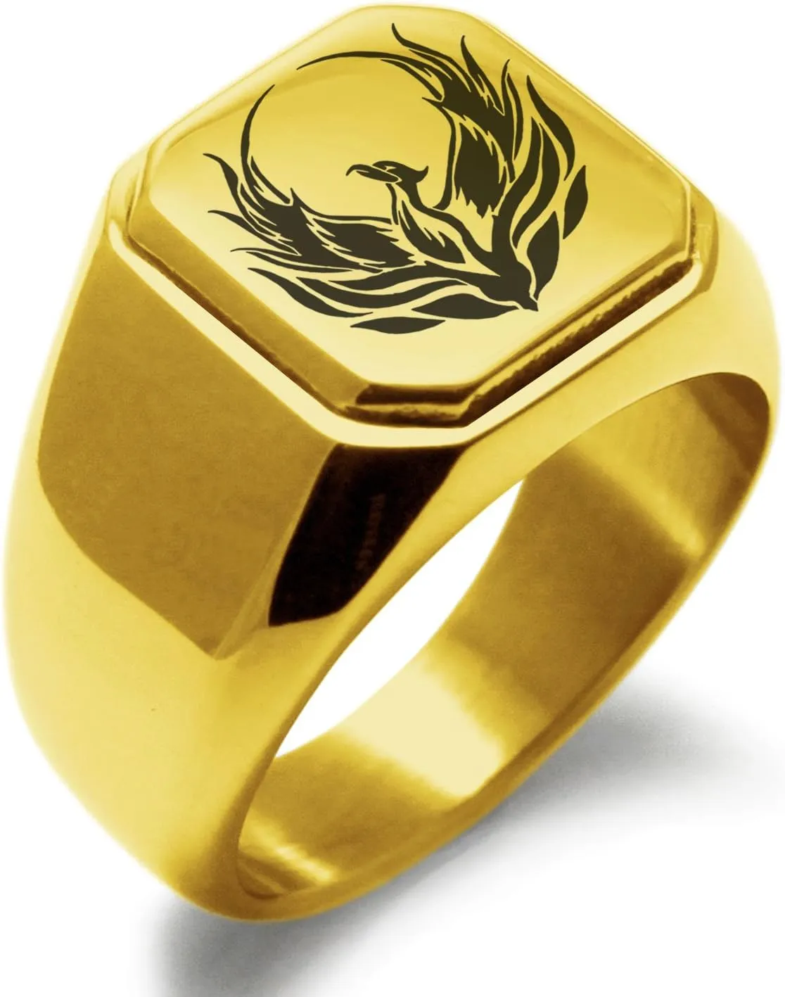 Stainless Steel Greek Mythology Phoenix Symbol Square Flat Top Biker Style Polished Ring