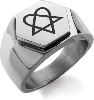 Stainless Steel Heartagram Hexagon Crest Flat Top Biker Style Polished Ring