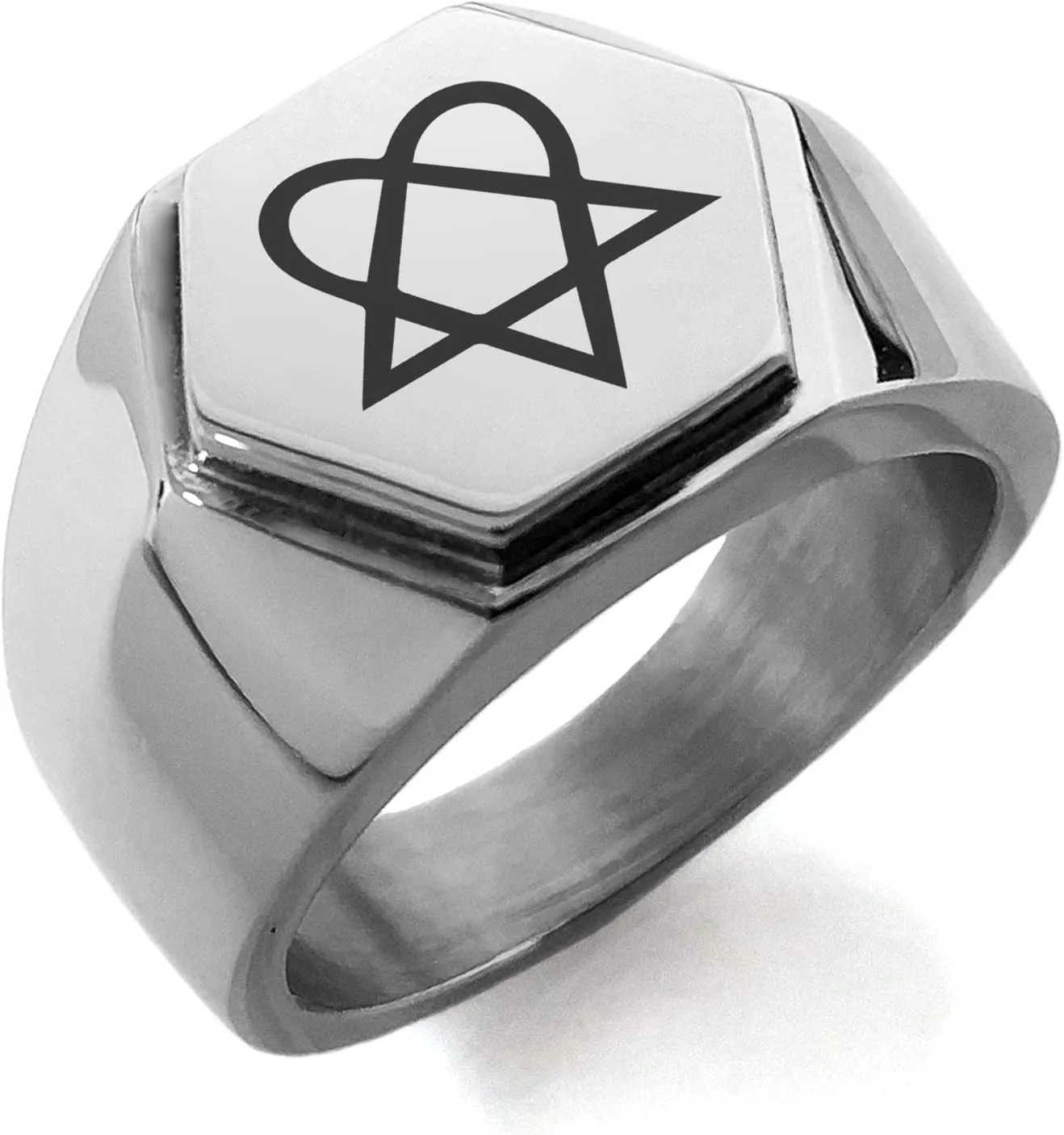 Stainless Steel Heartagram Hexagon Crest Flat Top Biker Style Polished Ring