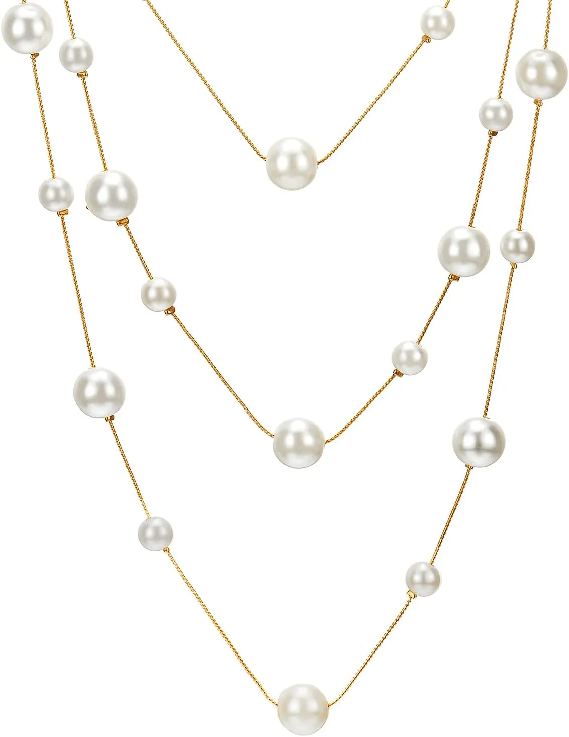 Statement Necklace Three-Strand Long Chains with Synthetic Pearl Beads, Elegant, Dress