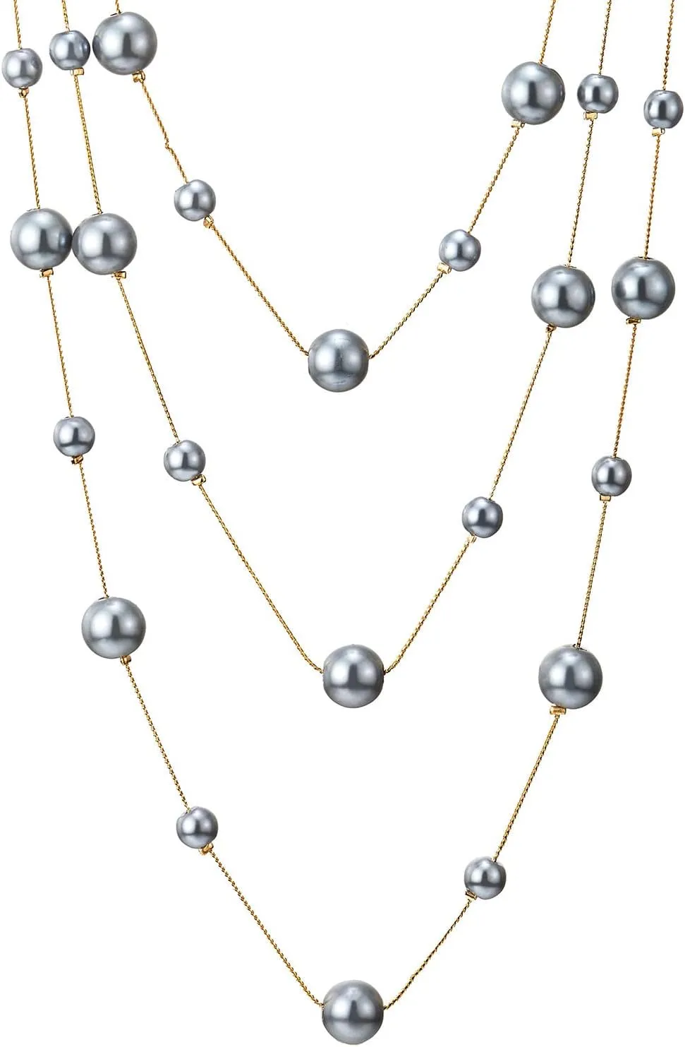 Statement Necklace Three-Strand Long Chains with Synthetic Pearl Beads, Elegant, Dress