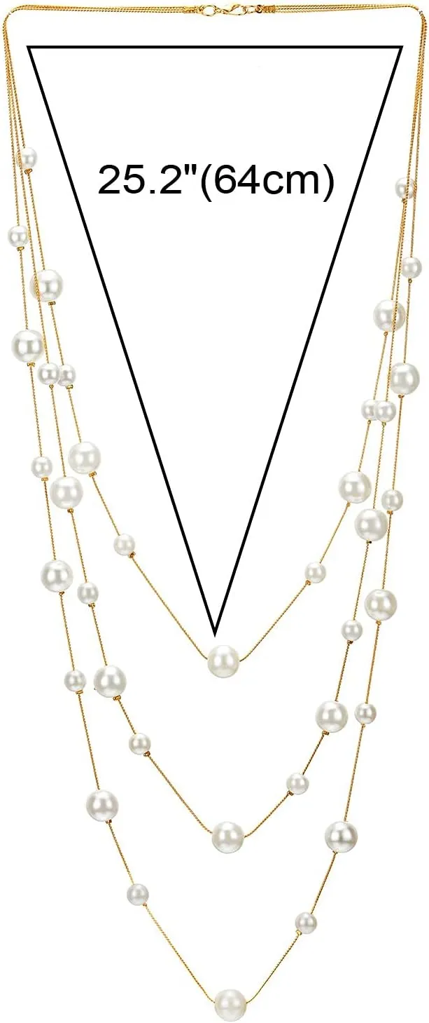 Statement Necklace Three-Strand Long Chains with Synthetic Pearl Beads, Elegant, Dress