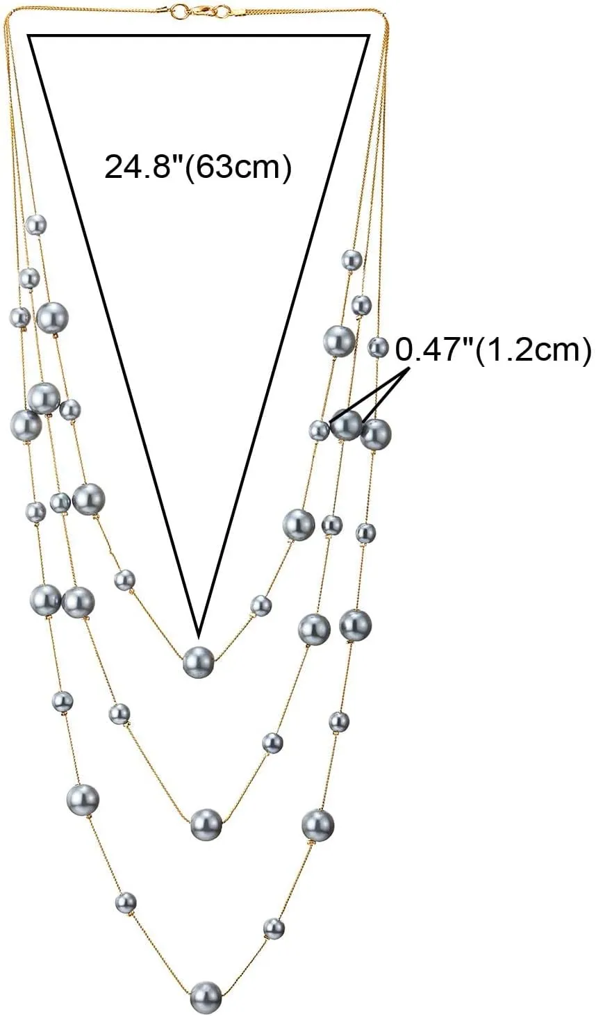 Statement Necklace Three-Strand Long Chains with Synthetic Pearl Beads, Elegant, Dress