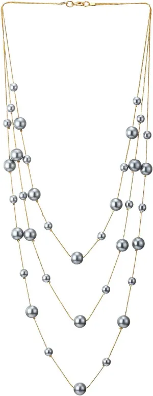 Statement Necklace Three-Strand Long Chains with Synthetic Pearl Beads, Elegant, Dress