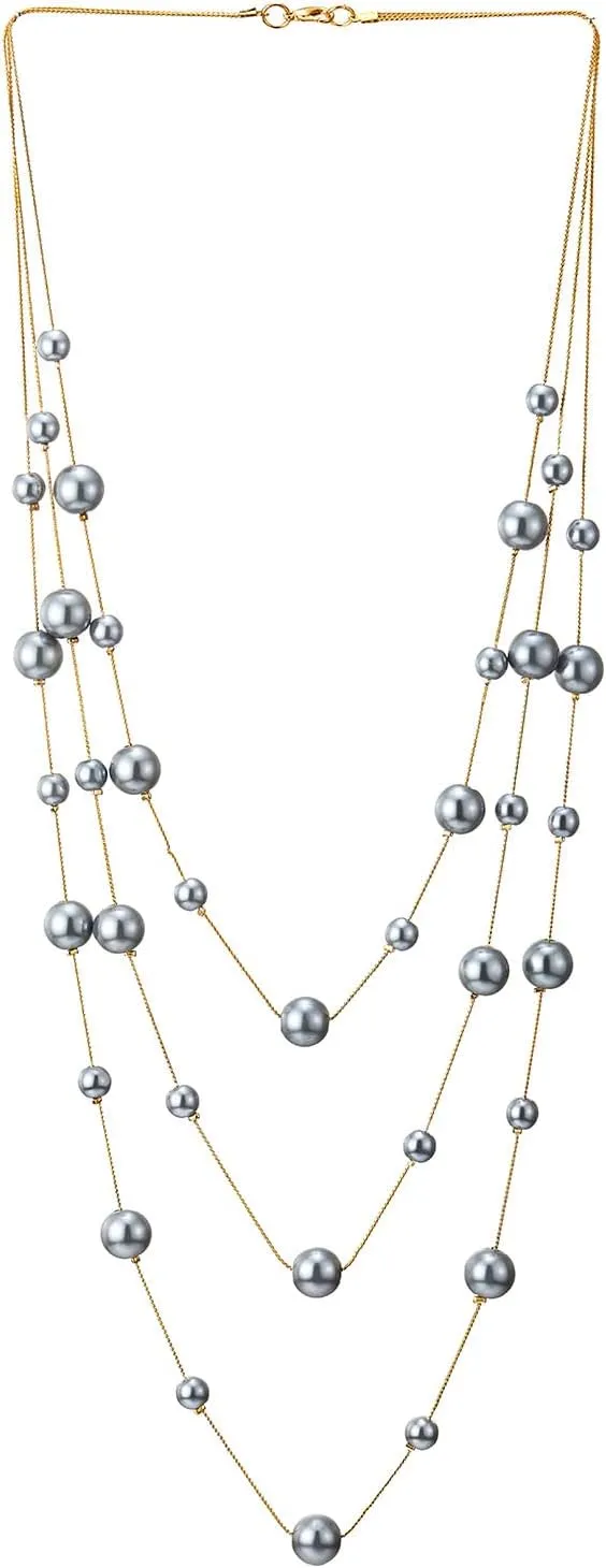 Statement Necklace Three-Strand Long Chains with Synthetic Pearl Beads, Elegant, Dress