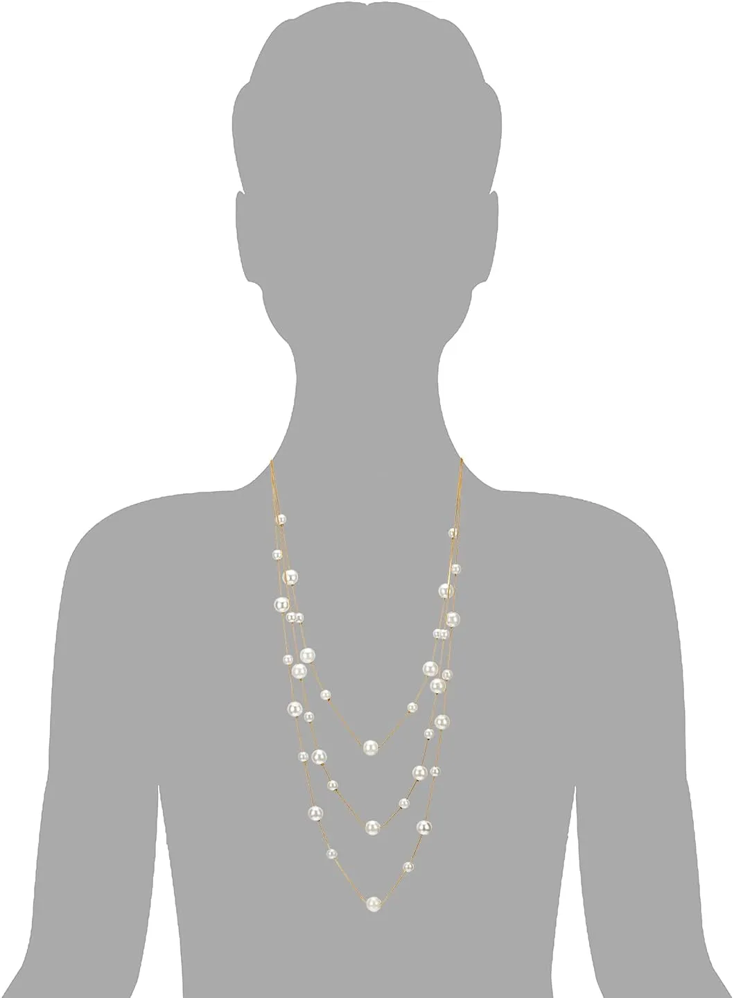 Statement Necklace Three-Strand Long Chains with Synthetic Pearl Beads, Elegant, Dress