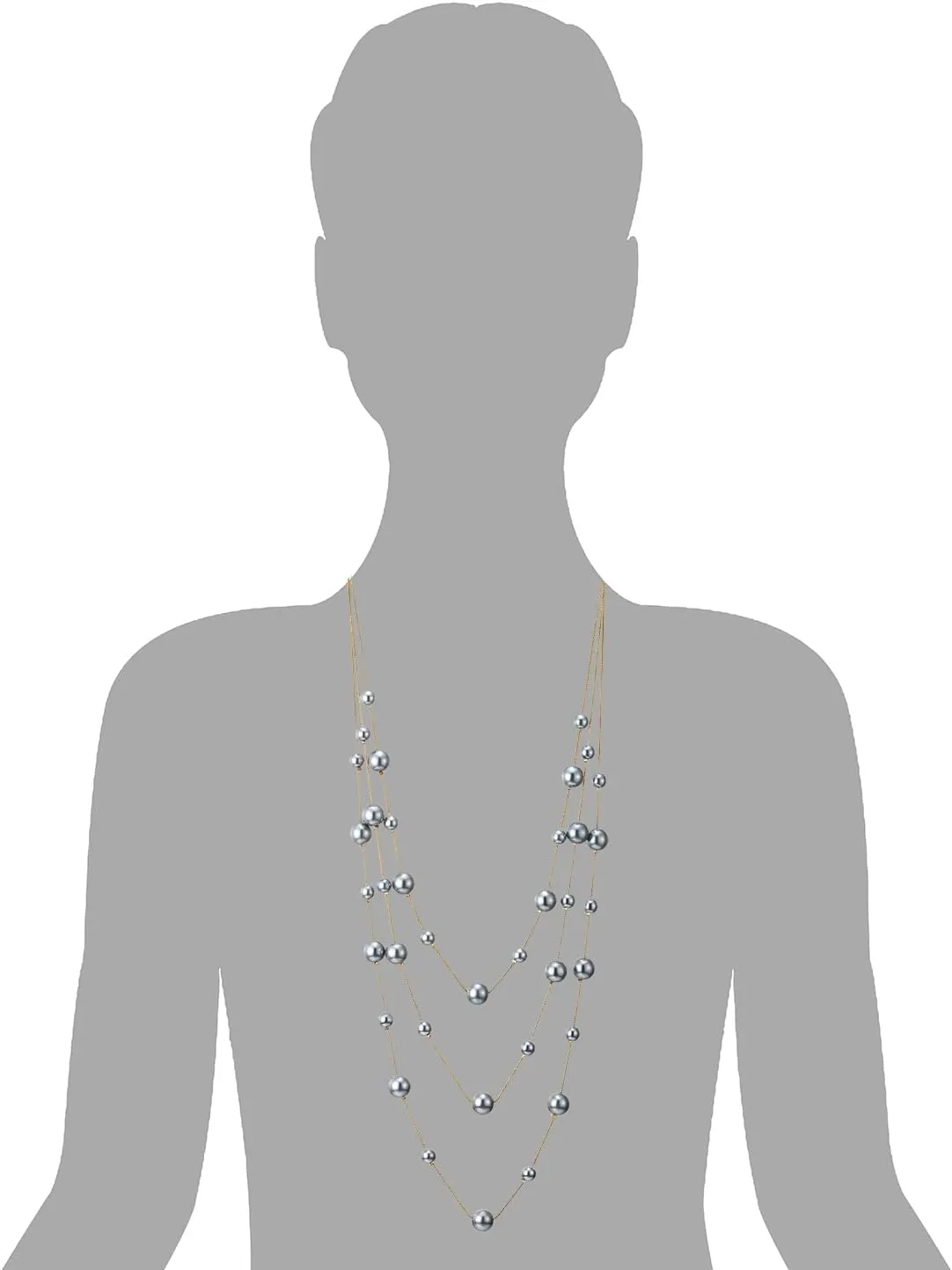 Statement Necklace Three-Strand Long Chains with Synthetic Pearl Beads, Elegant, Dress