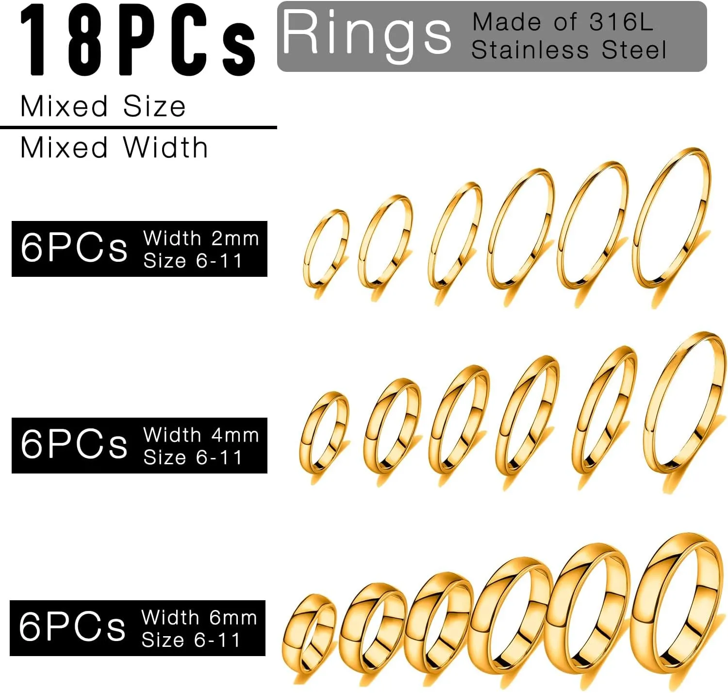 stino 18Pcs Non Tarnish Silver Rings Set for Women & Men, 316L Gold Stainless Steel Rings Bulk 2mm 4mm 6mm