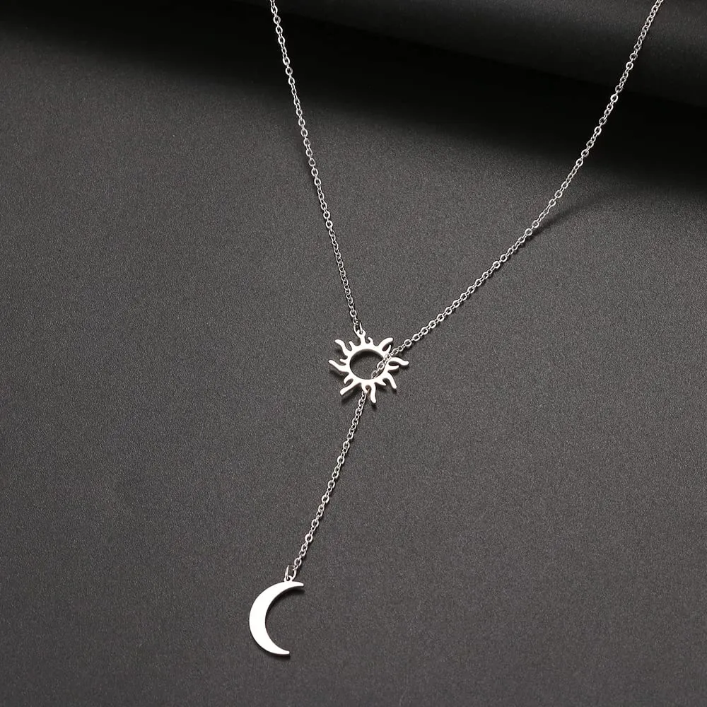 Sun Moon Y Necklace for Women Jewelry Minimalist Style Stainless Steel Hypoallergenic Necklace Gift (silver sun moon)