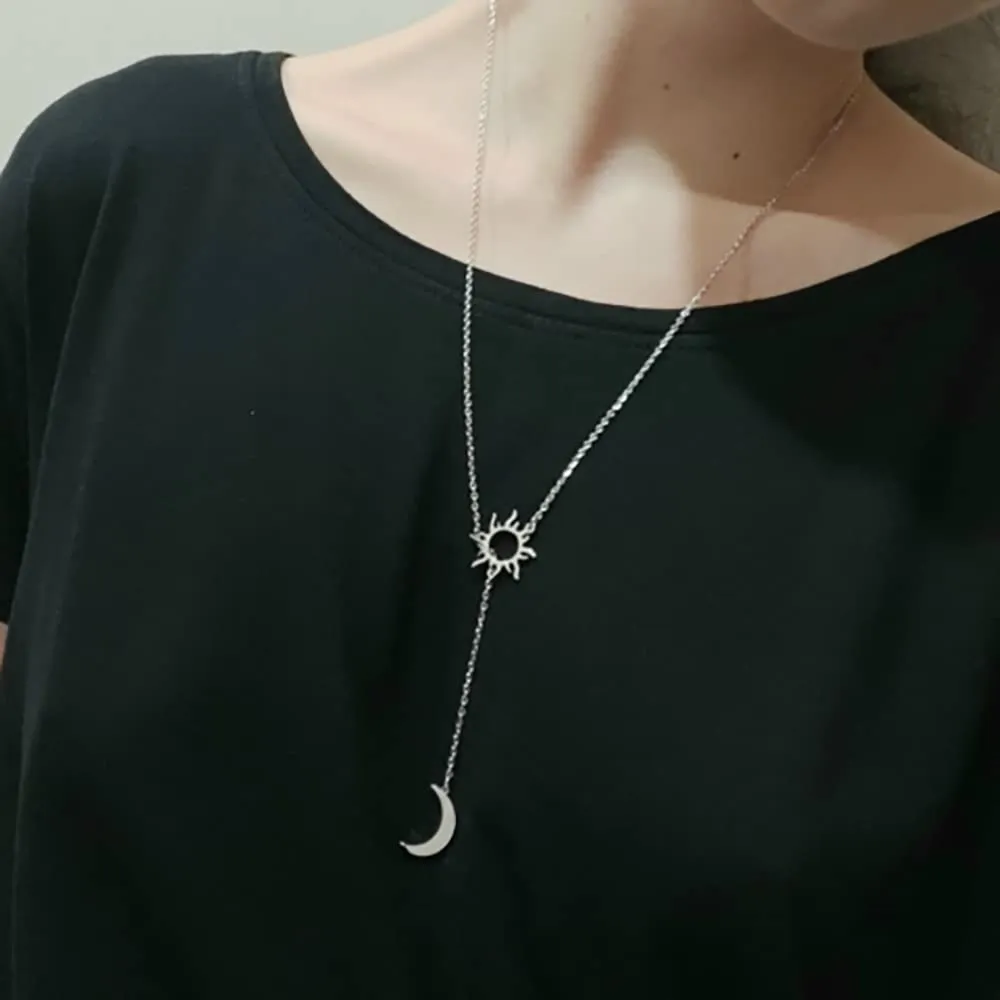 Sun Moon Y Necklace for Women Jewelry Minimalist Style Stainless Steel Hypoallergenic Necklace Gift (silver sun moon)
