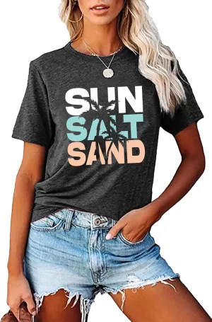 Sun Salt Sand Beach Tshirt for Women Summer Coconut Tree Graphic Casual Short Sleeve Loose Fit Tee Blouses