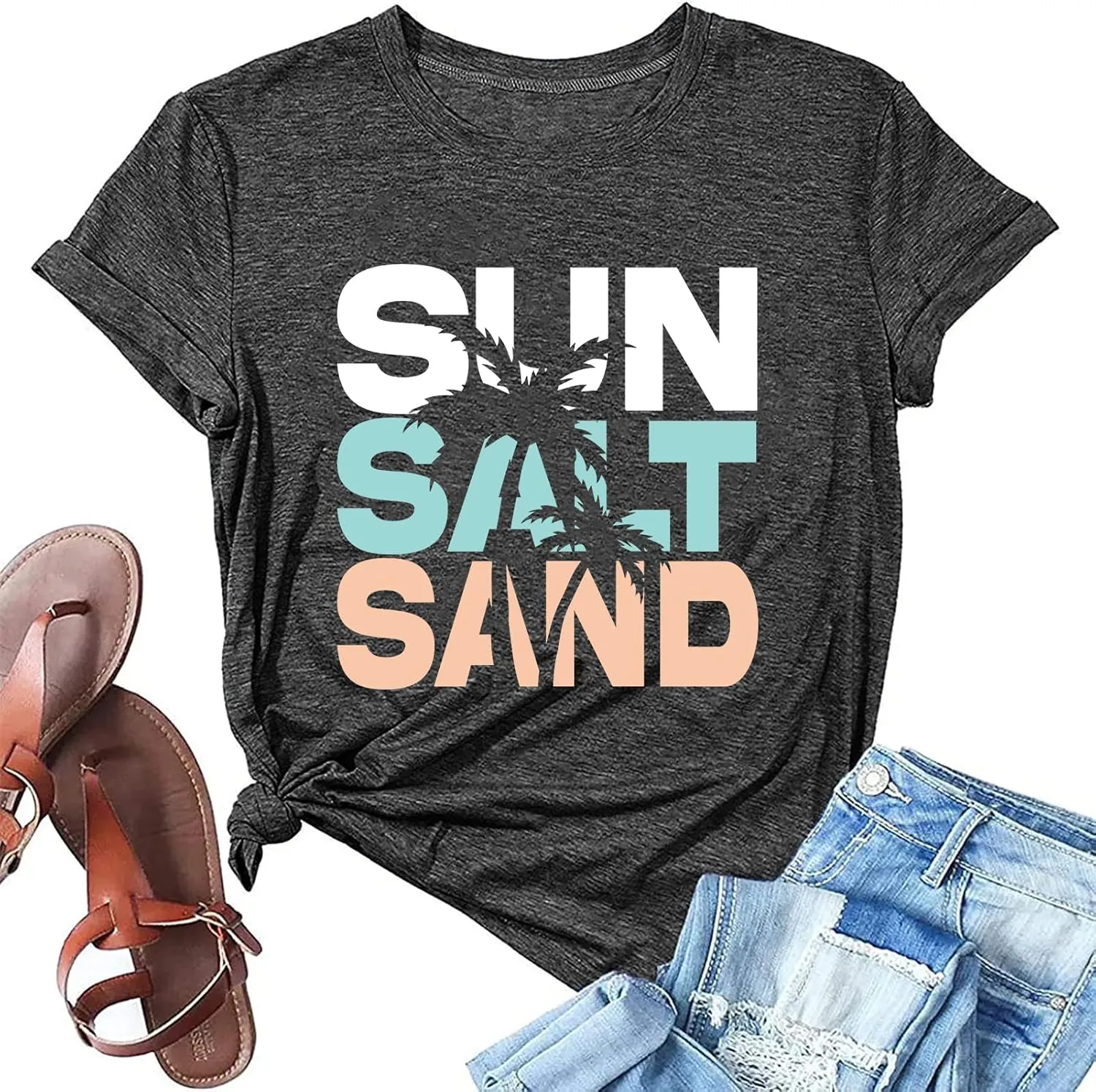 Sun Salt Sand Beach Tshirt for Women Summer Coconut Tree Graphic Casual Short Sleeve Loose Fit Tee Blouses