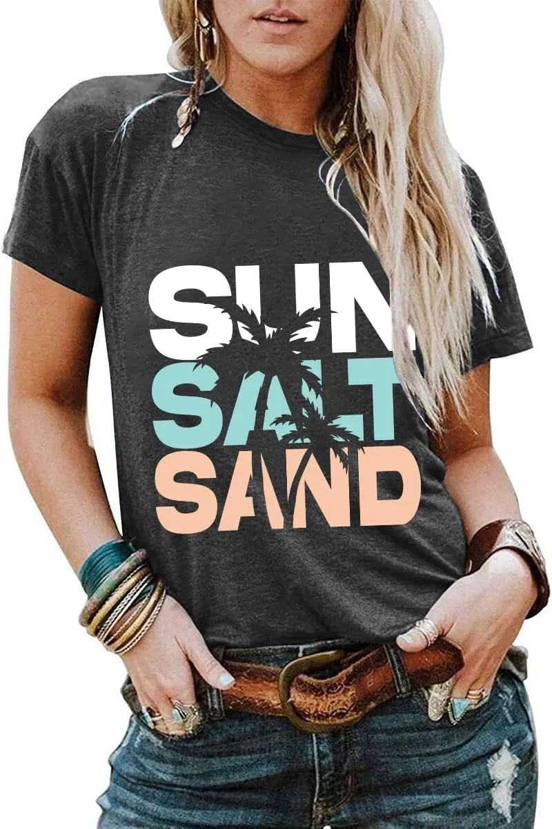 Sun Salt Sand Beach Tshirt for Women Summer Coconut Tree Graphic Casual Short Sleeve Loose Fit Tee Blouses