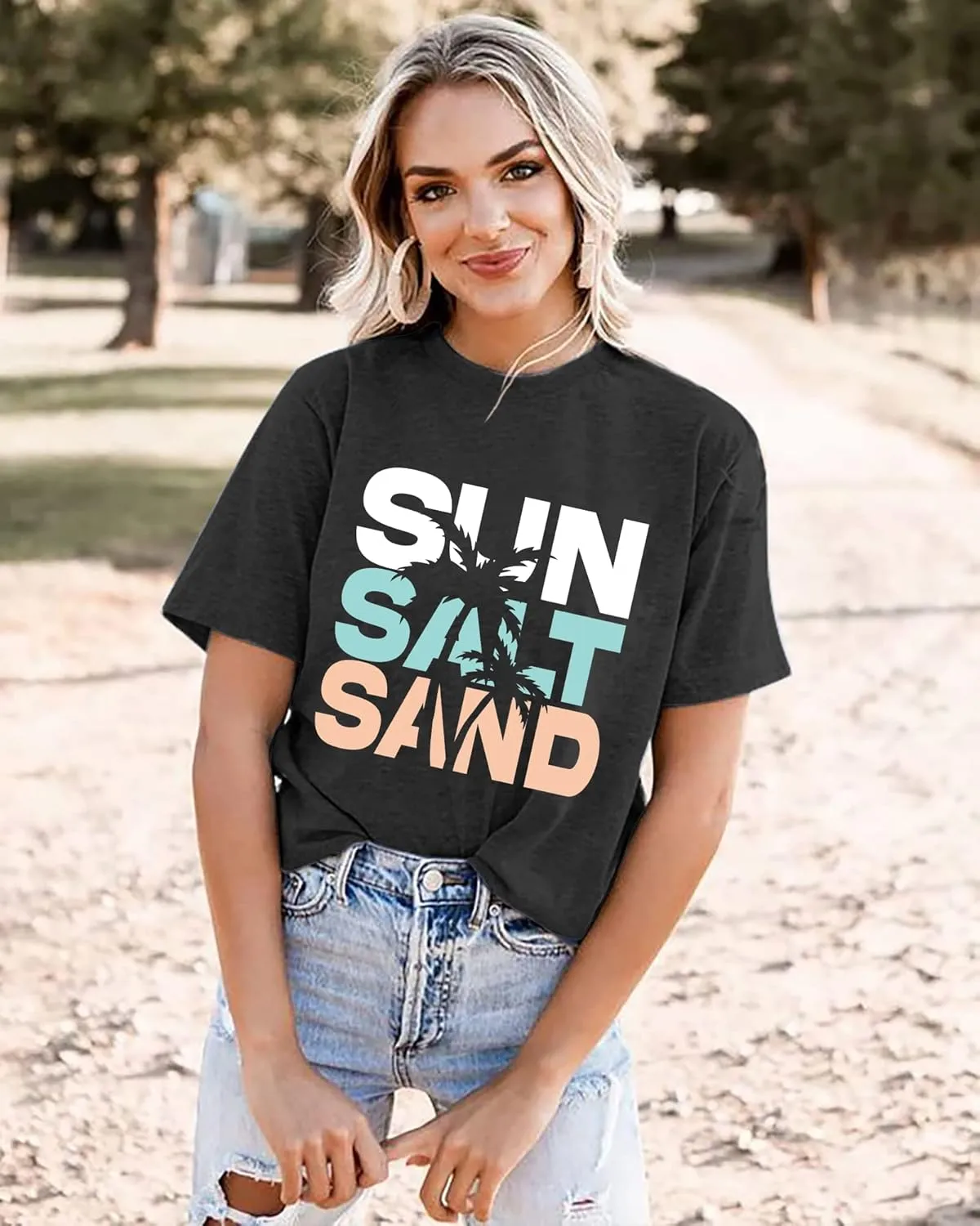 Sun Salt Sand Beach Tshirt for Women Summer Coconut Tree Graphic Casual Short Sleeve Loose Fit Tee Blouses
