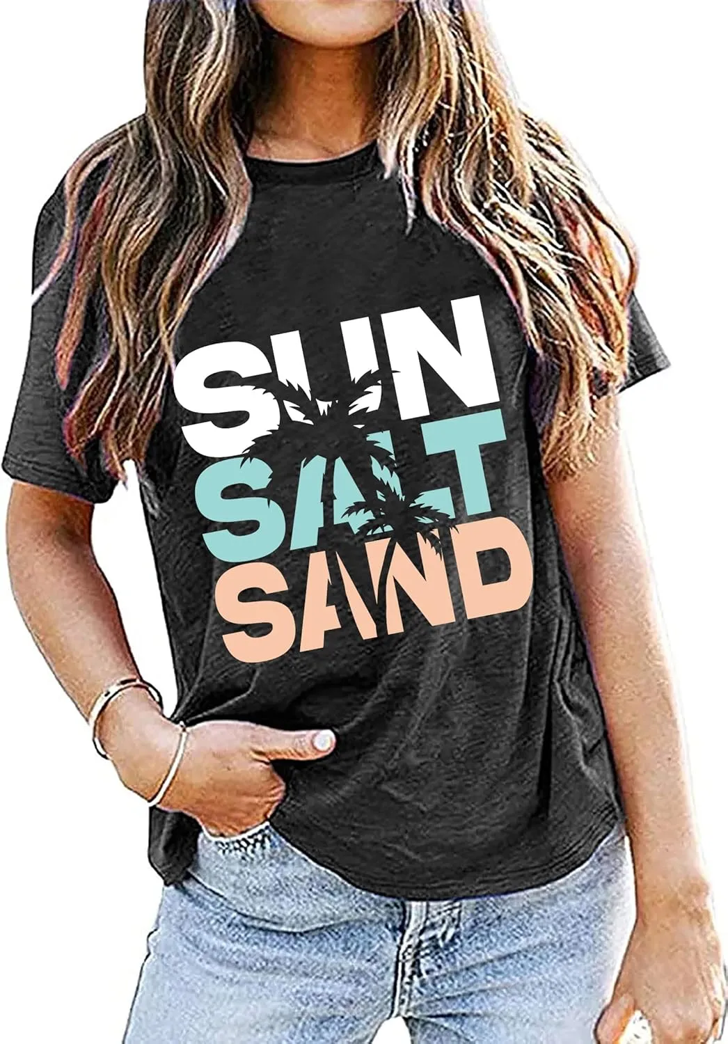 Sun Salt Sand Beach Tshirt for Women Summer Coconut Tree Graphic Casual Short Sleeve Loose Fit Tee Blouses