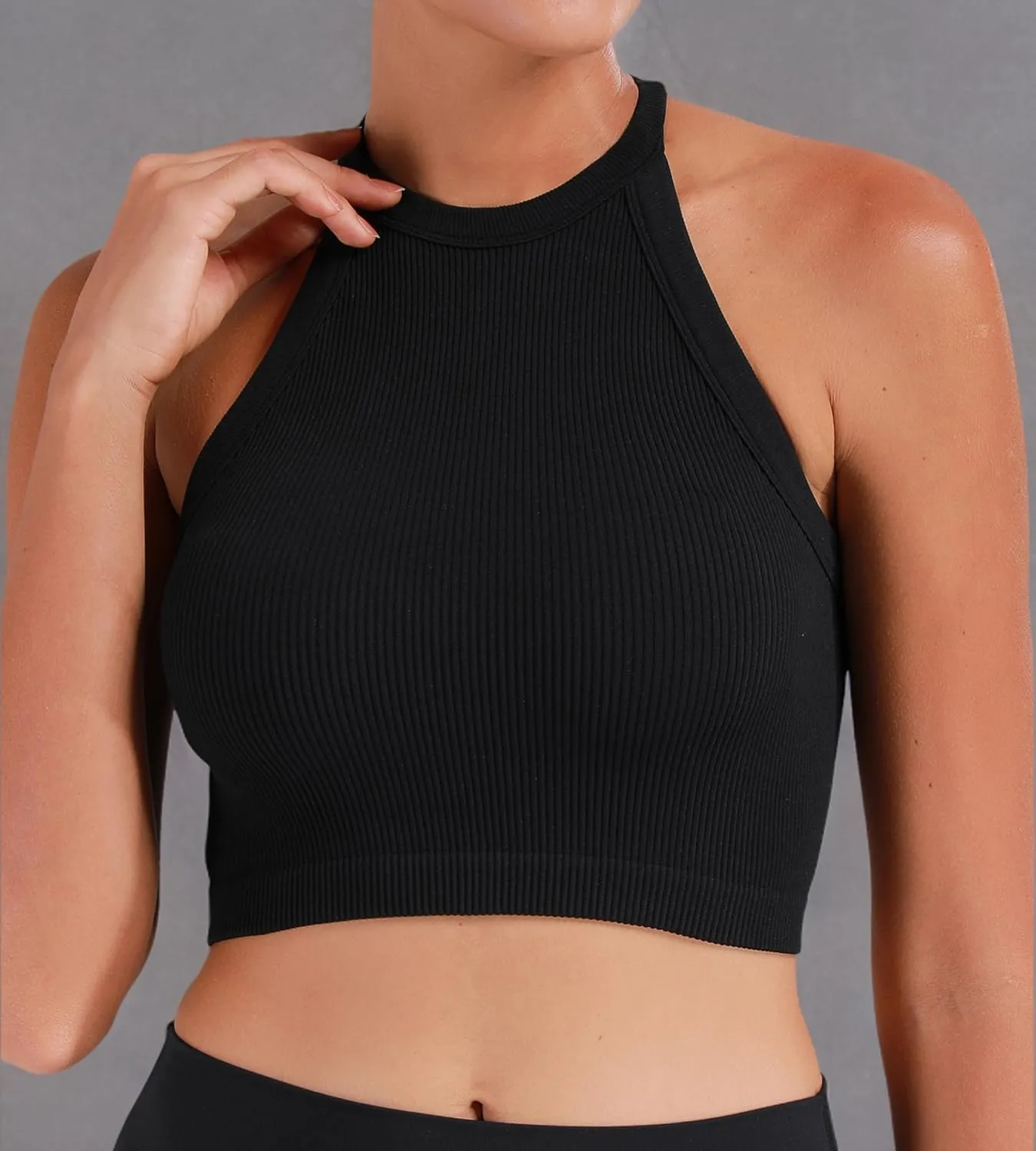 Sunzel Ribbed Tank Tops for Women, Halter High Neck Seamless Cute Crop Top, Basics Sleeveless Workout Athletic Yoga Shirts