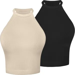 Sunzel Ribbed Tank Tops for Women, Halter High Neck Seamless Cute Crop Top, Basics Sleeveless Workout Athletic Yoga Shirts