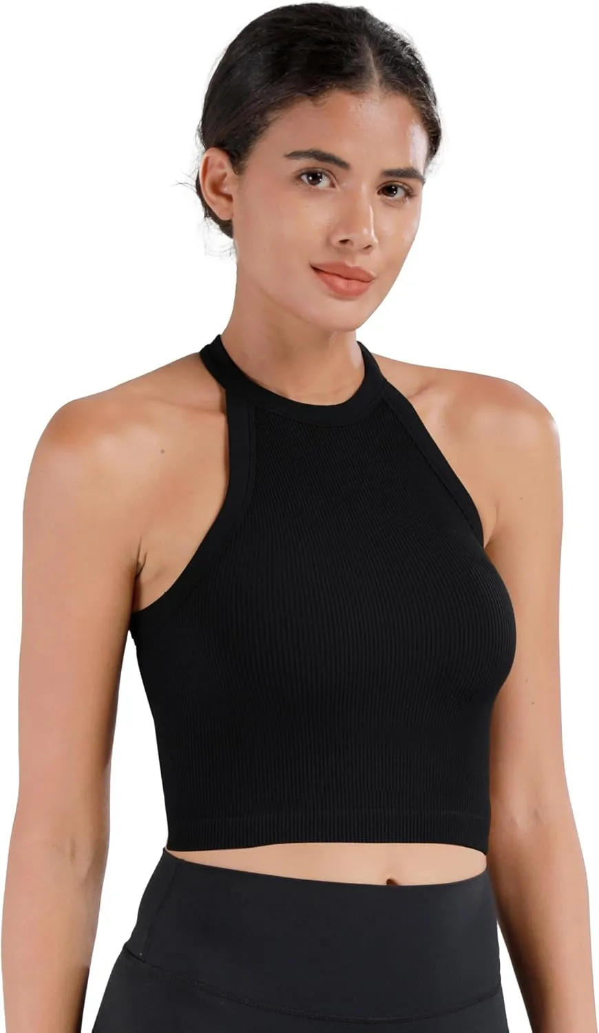 Sunzel Ribbed Tank Tops for Women, Halter High Neck Seamless Cute Crop Top, Basics Sleeveless Workout Athletic Yoga Shirts