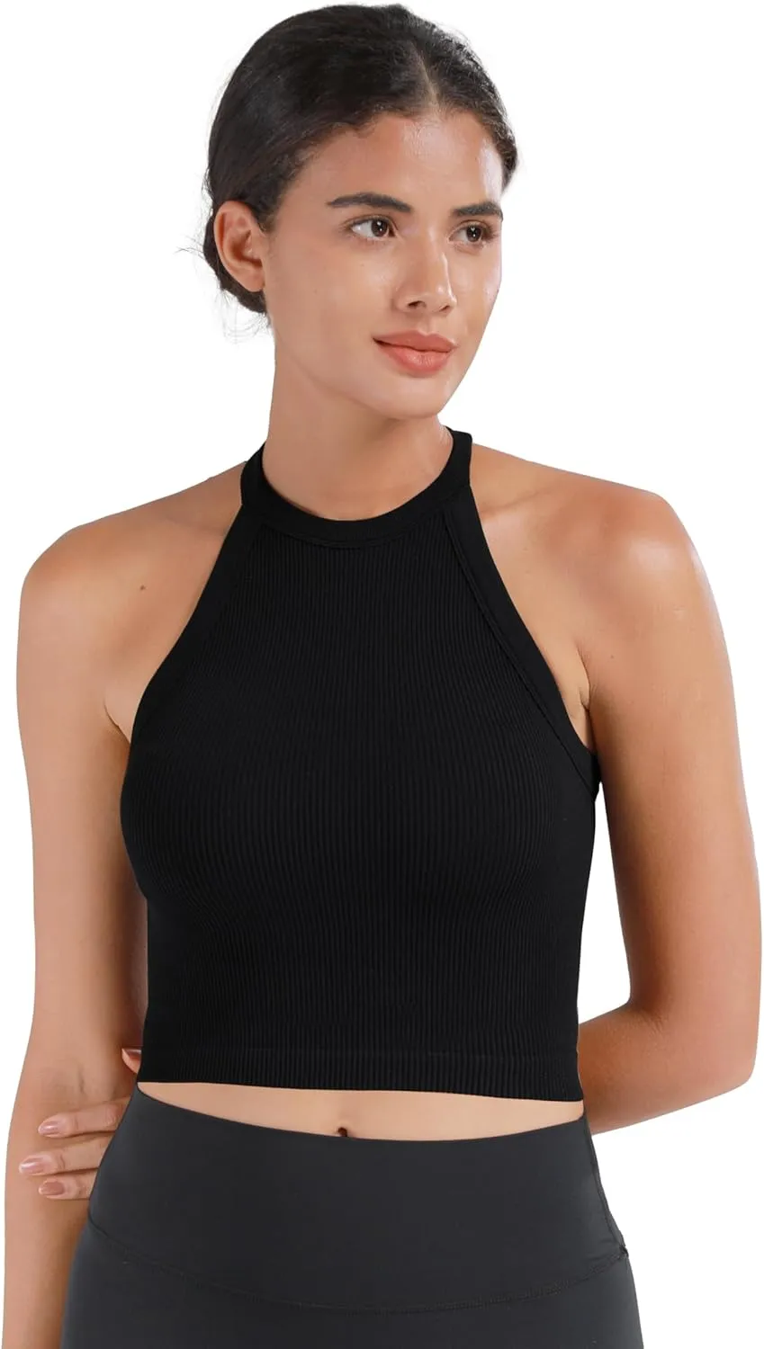 Sunzel Ribbed Tank Tops for Women, Halter High Neck Seamless Cute Crop Top, Basics Sleeveless Workout Athletic Yoga Shirts
