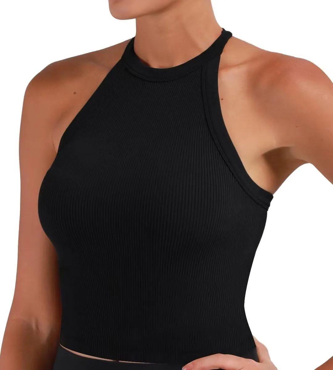 Sunzel Ribbed Tank Tops for Women, Halter High Neck Seamless Cute Crop Top, Basics Sleeveless Workout Athletic Yoga Shirts