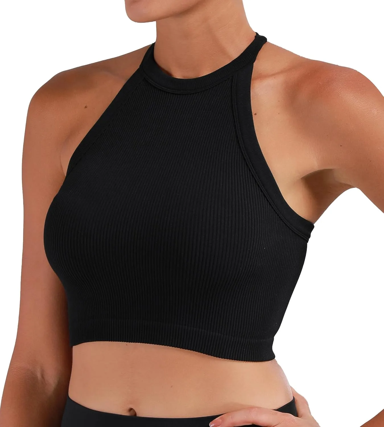 Sunzel Ribbed Tank Tops for Women, Halter High Neck Seamless Cute Crop Top, Basics Sleeveless Workout Athletic Yoga Shirts