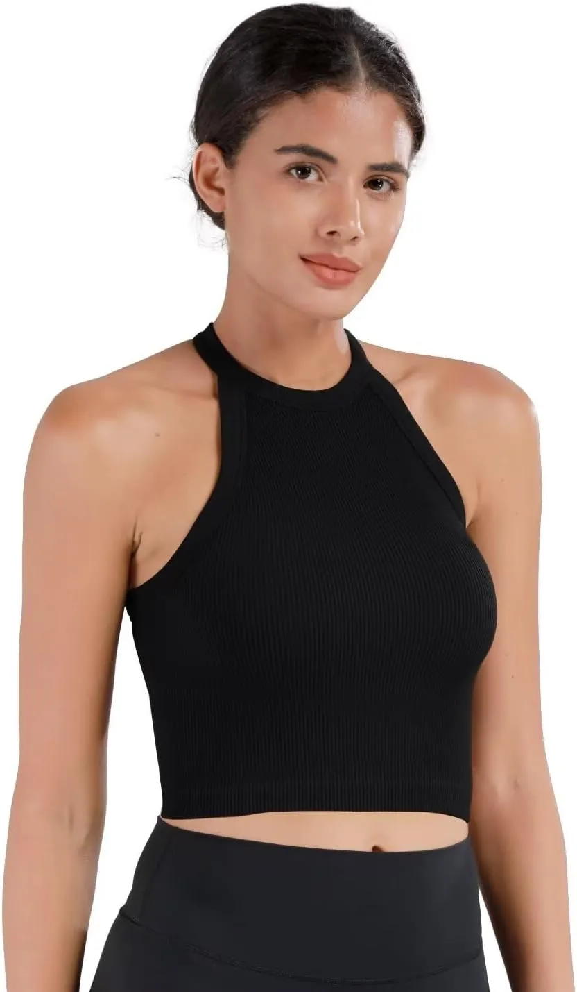 Sunzel Ribbed Tank Tops for Women, Halter High Neck Seamless Cute Crop Top, Basics Sleeveless Workout Athletic Yoga Shirts