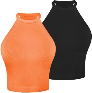 Sunzel Ribbed Tank Tops for Women, Halter High Neck Seamless Cute Crop Top, Basics Sleeveless Workout Athletic Yoga Shirts