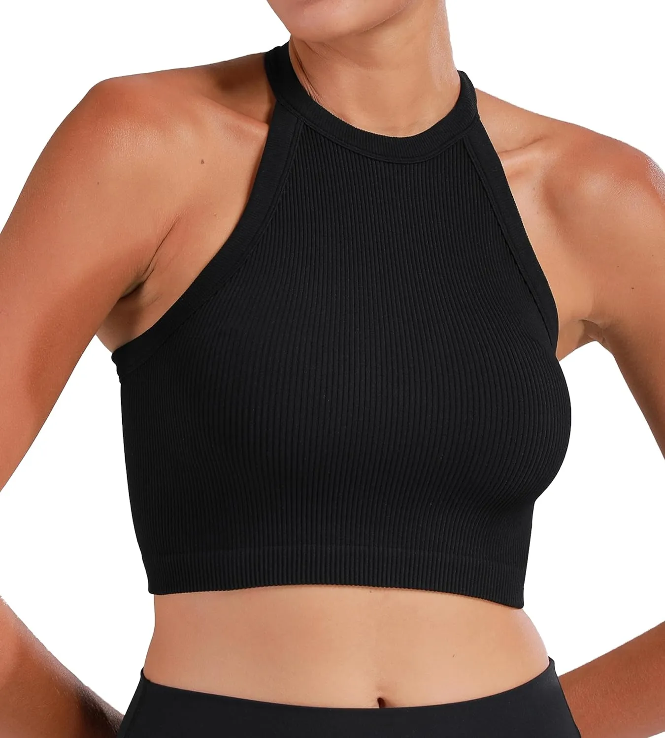 Sunzel Ribbed Tank Tops for Women, Halter High Neck Seamless Cute Crop Top, Basics Sleeveless Workout Athletic Yoga Shirts