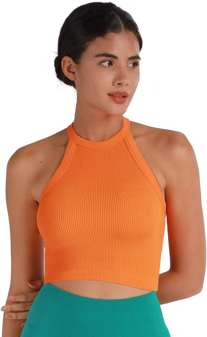 Sunzel Ribbed Tank Tops for Women, Halter High Neck Seamless Cute Crop Top, Basics Sleeveless Workout Athletic Yoga Shirts