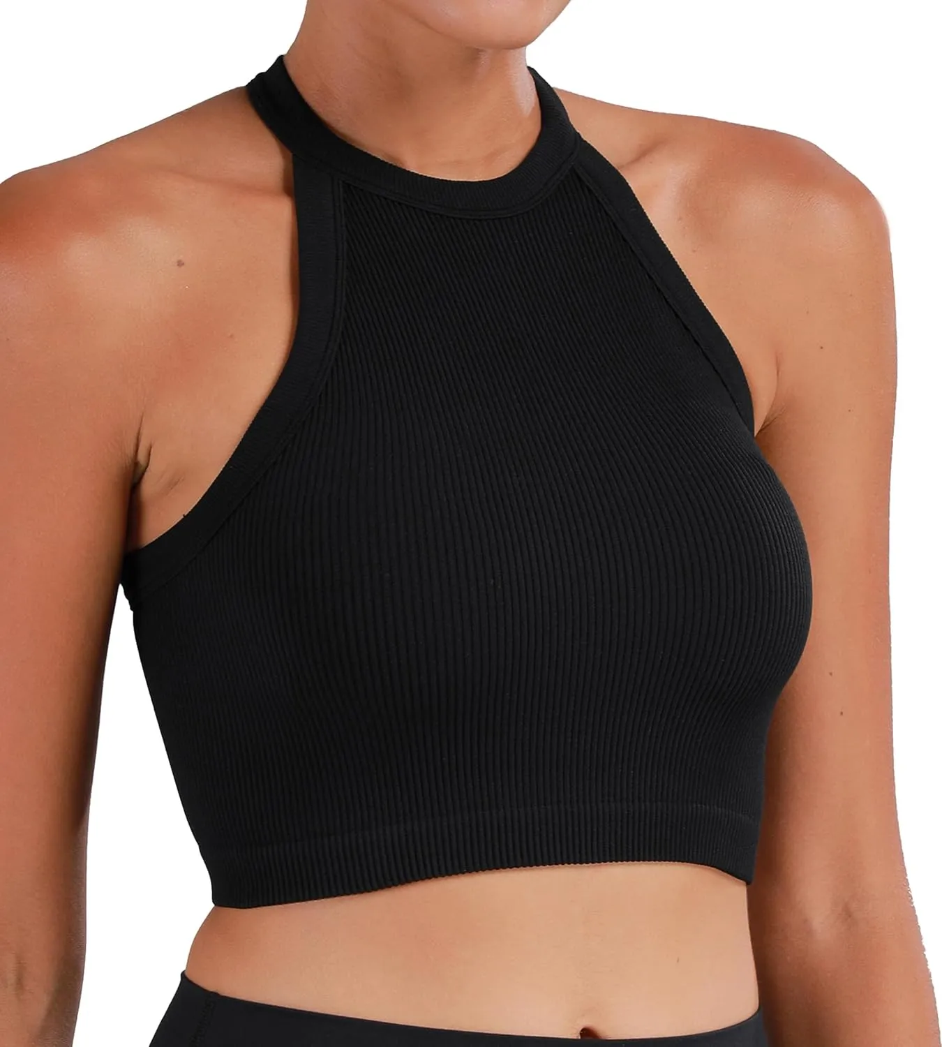 Sunzel Ribbed Tank Tops for Women, Halter High Neck Seamless Cute Crop Top, Basics Sleeveless Workout Athletic Yoga Shirts