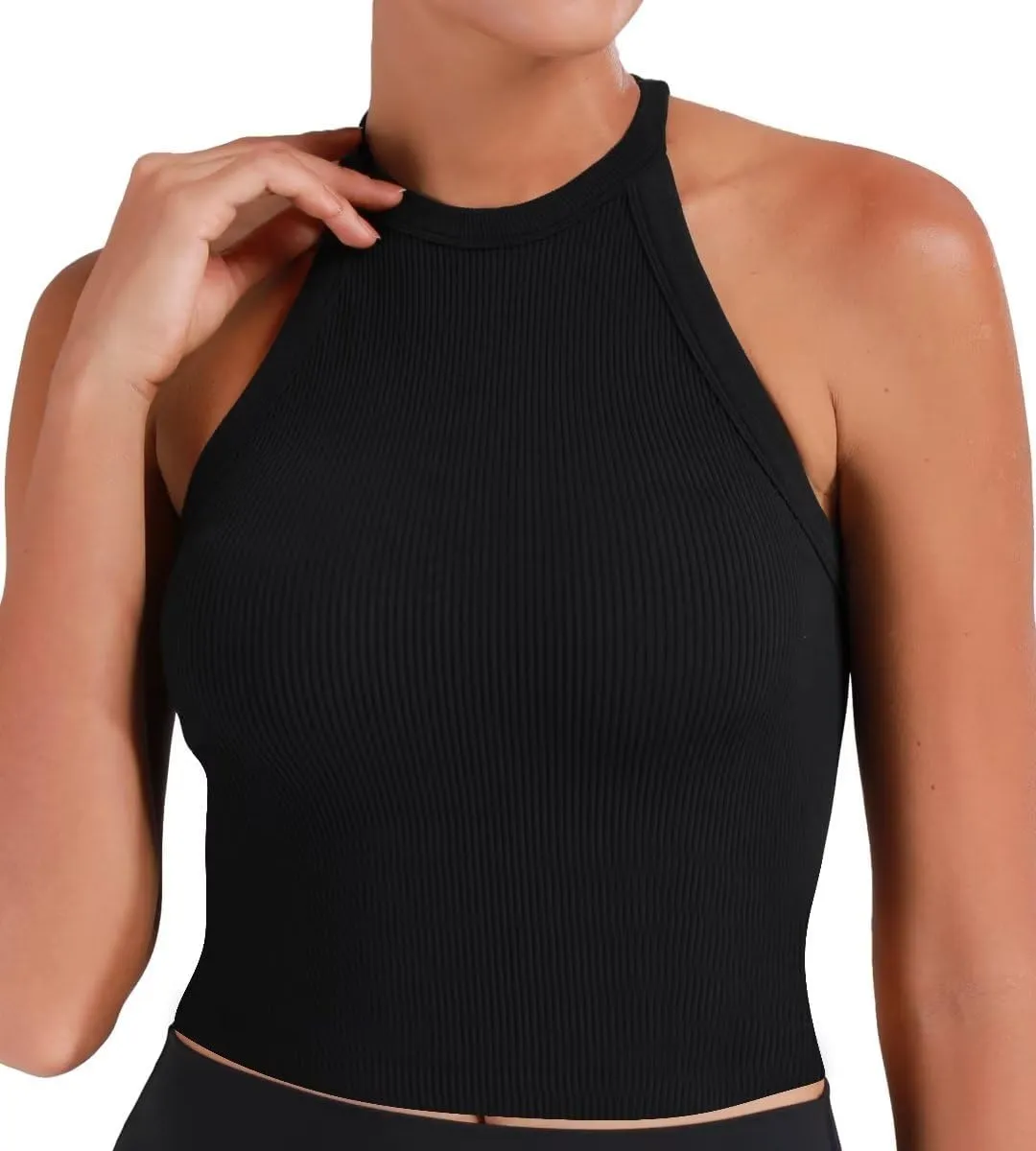 Sunzel Ribbed Tank Tops for Women, Halter High Neck Seamless Cute Crop Top, Basics Sleeveless Workout Athletic Yoga Shirts